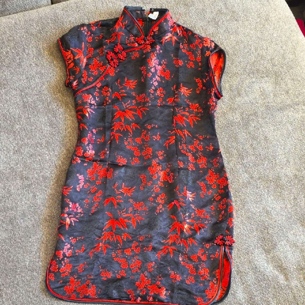 M&M'S Black and Red Floral Mini Dress Trasitional Chinese Cheongsam Qipao